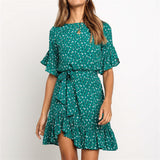 Floral Print Summer Dress Women Boho Ruffles O-neck Short Sleeve
