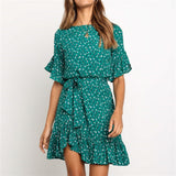 Floral Print Summer Dress Women Boho Ruffles O-neck Short Sleeve