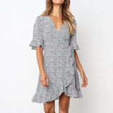 Women Polka Dot Boho Ruffle Short Sleeve Beach Dress