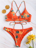 Orange Print Criss Cross Bikini Set