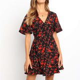 Boho Floral Print Chiffon Mini Dress Sexy V Neck Short Sleeve