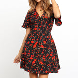 Boho Floral Print Chiffon Mini Dress Sexy V Neck Short Sleeve