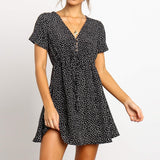 Casual Short Sleeve Dot Print Beach Dress Sexy V Neck