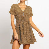 Casual Short Sleeve Dot Print Beach Dress Sexy V Neck